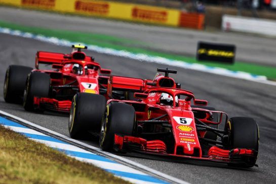 Sebastian Vettel (GER) Ferrari SF71H leads team mate Kimi Raikkonen (FIN) Ferrari SF71H.
22.07.2018. Formula 1 World Championship, Rd 11, German Grand Prix, Hockenheim, Germany, Race Day.
- www.xpbimages.com, EMail: requests@xpbimages.com - copy of publication required for printed pictures. Every used picture is fee-liable. © Copyright: Moy / XPB Images