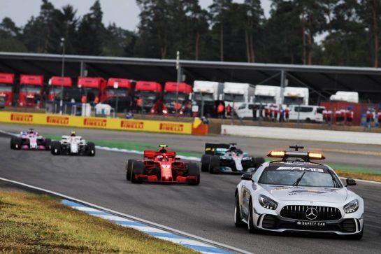 Kimi Raikkonen (FIN) Ferrari SF71H leads behind the FIA Safety Car.
22.07.2018. Formula 1 World Championship, Rd 11, German Grand Prix, Hockenheim, Germany, Race Day.
- www.xpbimages.com, EMail: requests@xpbimages.com - copy of publication required for printed pictures. Every used picture is fee-liable. © Copyright: Moy / XPB Images
