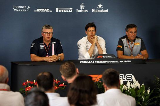 The FIA Press Conference (L to R): Otmar Szafnauer (USA) Sahara Force India F1 Chief Operating Officer; Toto Wolff (GER) Mercedes AMG F1 Shareholder and Executive Director; Mario Isola (ITA) Pirelli Racing Manager.
20.07.2018. Formula 1 World Championship, Rd 11, German Grand Prix, Hockenheim, Germany, Practice Day.
- www.xpbimages.com, EMail: requests@xpbimages.com - copy of publication required for printed pictures. Every used picture is fee-liable. © Copyright: Moy / XPB Images