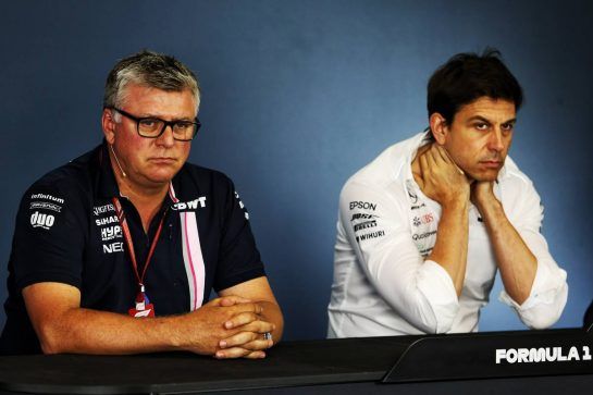 (L to R): Otmar Szafnauer (USA) Sahara Force India F1 Chief Operating Officer and Toto Wolff (GER) Mercedes AMG F1 Shareholder and Executive Director in the  FIA Press Conference.
20.07.2018. Formula 1 World Championship, Rd 11, German Grand Prix, Hockenheim, Germany, Practice Day.
- www.xpbimages.com, EMail: requests@xpbimages.com - copy of publication required for printed pictures. Every used picture is fee-liable. © Copyright: Moy / XPB Images