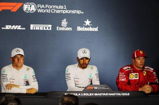 The post qualifying FIA Press Conference (L to R): Valtteri Bottas (FIN) Mercedes AMG F1, second; Lewis Hamilton (GBR) Mercedes AMG F1, pole position; Kimi Raikkonen (FIN) Ferrari, third.
28.07.2018. Formula 1 World Championship, Rd 12, Hungarian Grand Prix, Budapest, Hungary, Qualifying Day.
- www.xpbimages.com, EMail: requests@xpbimages.com - copy of publication required for printed pictures. Every used picture is fee-liable. © Copyright: Bearne / XPB Images