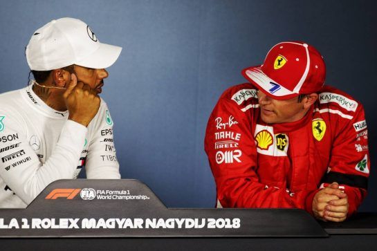 (L to R): Lewis Hamilton (GBR) Mercedes AMG F1 and Kimi Raikkonen (FIN) Ferrari in the post qualifying FIA Press Conference.
28.07.2018. Formula 1 World Championship, Rd 12, Hungarian Grand Prix, Budapest, Hungary, Qualifying Day.
- www.xpbimages.com, EMail: requests@xpbimages.com - copy of publication required for printed pictures. Every used picture is fee-liable. © Copyright: Bearne / XPB Images
