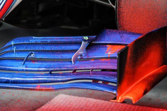 Williams FW41 front wing with flow-vis paint.
31.07.2018. Formula 1 Testing, Budapest, Hungary.
- www.xpbimages.com, EMail: requests@xpbimages.com - copy of publication required for printed pictures. Every used picture is fee-liable. © Copyright: Moy / XPB Images