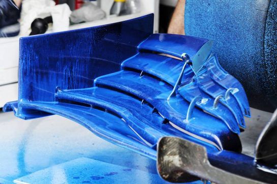 Williams FW41 front wing with flow-vis paint.
31.07.2018. Formula 1 Testing, Budapest, Hungary.
- www.xpbimages.com, EMail: requests@xpbimages.com - copy of publication required for printed pictures. Every used picture is fee-liable. © Copyright: Moy / XPB Images