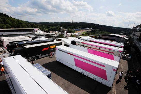 Force India F1 Team trucks in the paddock.
23.08.2018. Formula 1 World Championship, Rd 13, Belgian Grand Prix, Spa Francorchamps, Belgium, Preparation Day.
- www.xpbimages.com, EMail: requests@xpbimages.com - copy of publication required for printed pictures. Every used picture is fee-liable. © Copyright: Moy / XPB Images