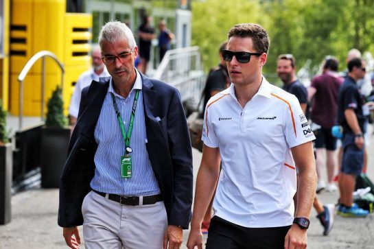 Stoffel Vandoorne (BEL) McLaren with Alessandro Alunni Bravi (ITA) Driver Manager.
23.08.2018. Formula 1 World Championship, Rd 13, Belgian Grand Prix, Spa Francorchamps, Belgium, Preparation Day.
- www.xpbimages.com, EMail: requests@xpbimages.com - copy of publication required for printed pictures. Every used picture is fee-liable. © Copyright: Batchelor / XPB Images