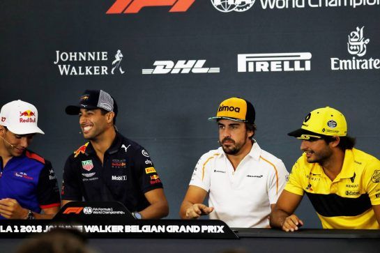 The FIA Press Conference (L to R): Pierre Gasly (FRA) Scuderia Toro Rosso; Daniel Ricciardo (AUS) Red Bull Racing; Fernando Alonso (ESP) McLaren; Carlos Sainz Jr (ESP) Renault Sport F1 Team.
23.08.2018. Formula 1 World Championship, Rd 13, Belgian Grand Prix, Spa Francorchamps, Belgium, Preparation Day.
- www.xpbimages.com, EMail: requests@xpbimages.com - copy of publication required for printed pictures. Every used picture is fee-liable. © Copyright: Photo4 / XPB Images