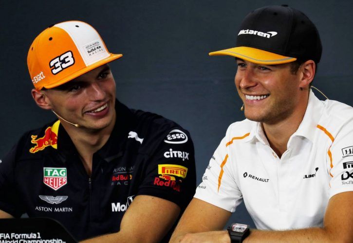 Max Verstappen (NLD) Red Bull Racing and Stoffel Vandoorne (BEL) McLaren