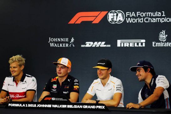 The FIA Press Conference (L to R): Marcus Ericsson (SWE) Sauber F1 Team; Max Verstappen (NLD) Red Bull Racing; Stoffel Vandoorne (BEL) McLaren; Lance Stroll (CDN) Williams.
23.08.2018. Formula 1 World Championship, Rd 13, Belgian Grand Prix, Spa Francorchamps, Belgium, Preparation Day.
- www.xpbimages.com, EMail: requests@xpbimages.com - copy of publication required for printed pictures. Every used picture is fee-liable. © Copyright: Photo4 / XPB Images