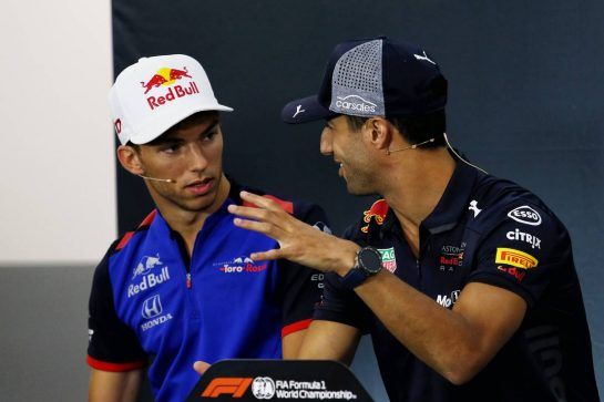 (L to R): Pierre Gasly (FRA) Scuderia Toro Rosso and Daniel Ricciardo (AUS) Red Bull Racing in the FIA Press Conference.
23.08.2018. Formula 1 World Championship, Rd 13, Belgian Grand Prix, Spa Francorchamps, Belgium, Preparation Day.
- www.xpbimages.com, EMail: requests@xpbimages.com - copy of publication required for printed pictures. Every used picture is fee-liable. © Copyright: Charniaux / XPB Images