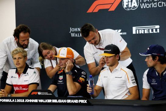The FIA Press Conference (L to R): Marcus Ericsson (SWE) Sauber F1 Team; Max Verstappen (NLD) Red Bull Racing; Stoffel Vandoorne (BEL) McLaren; Lance Stroll (CDN) Williams.
23.08.2018. Formula 1 World Championship, Rd 13, Belgian Grand Prix, Spa Francorchamps, Belgium, Preparation Day.
- www.xpbimages.com, EMail: requests@xpbimages.com - copy of publication required for printed pictures. Every used picture is fee-liable. © Copyright: Charniaux / XPB Images