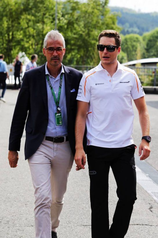 Stoffel Vandoorne (BEL) McLaren with Alessandro Alunni Bravi (ITA) Driver Manager.
23.08.2018. Formula 1 World Championship, Rd 13, Belgian Grand Prix, Spa Francorchamps, Belgium, Preparation Day.
- www.xpbimages.com, EMail: requests@xpbimages.com - copy of publication required for printed pictures. Every used picture is fee-liable. © Copyright: Moy / XPB Images