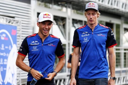 (L to R): Pierre Gasly (FRA) Scuderia Toro Rosso with team mate Brendon Hartley (NZL) Scuderia Toro Rosso.
23.08.2018. Formula 1 World Championship, Rd 13, Belgian Grand Prix, Spa Francorchamps, Belgium, Preparation Day.
- www.xpbimages.com, EMail: requests@xpbimages.com - copy of publication required for printed pictures. Every used picture is fee-liable. © Copyright: Batchelor / XPB Images