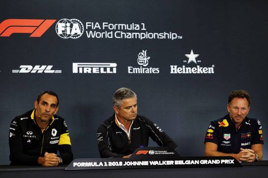 The FIA Press Conference (L to R): Cyril Abiteboul (FRA) Renault Sport F1 Managing Director; Gil de Ferran (BRA) McLaren Sporting Director; Christian Horner (GBR) Red Bull Racing Team Principal.
24.08.2018. Formula 1 World Championship, Rd 13, Belgian Grand Prix, Spa Francorchamps, Belgium, Practice Day.
- www.xpbimages.com, EMail: requests@xpbimages.com - copy of publication required for printed pictures. Every used picture is fee-liable. © Copyright: Moy / XPB Images