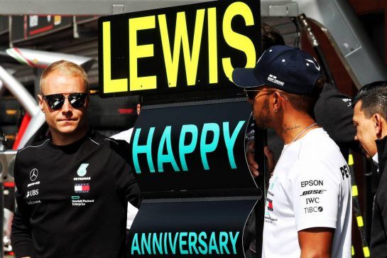 Valtteri Bottas (FIN) Mercedes AMG F1 and Lewis Hamilton (GBR) Mercedes AMG F1 celebrate the Mercedes AMG F1 team's anniversary with Petronas.
26.08.2018. Formula 1 World Championship, Rd 13, Belgian Grand Prix, Spa Francorchamps, Belgium, Race Day.
- www.xpbimages.com, EMail: requests@xpbimages.com - copy of publication required for printed pictures. Every used picture is fee-liable. © Copyright: Photo4 / XPB Images