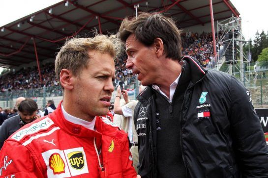Sebastian Vettel (GER) Ferrari with Toto Wolff (GER) Mercedes AMG F1 Shareholder and Executive Director on the grid.
26.08.2018. Formula 1 World Championship, Rd 13, Belgian Grand Prix, Spa Francorchamps, Belgium, Race Day.
- www.xpbimages.com, EMail: requests@xpbimages.com - copy of publication required for printed pictures. Every used picture is fee-liable. © Copyright: Photo4 / XPB Images