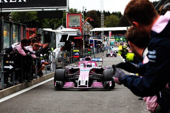 Sergio Perez (MEX) Racing Point Force India F1 VJM11 celebrates with the team at the end of the race.
26.08.2018. Formula 1 World Championship, Rd 13, Belgian Grand Prix, Spa Francorchamps, Belgium, Race Day.
- www.xpbimages.com, EMail: requests@xpbimages.com - copy of publication required for printed pictures. Every used picture is fee-liable. © Copyright: Moy / XPB Images