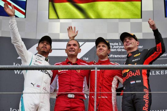 The podium (L to R): Lewis Hamilton (GBR) Mercedes AMG F1, second; Sebastian Vettel (GER) Ferrari, race winner; Max Verstappen (NLD) Red Bull Racing, third.
26.08.2018. Formula 1 World Championship, Rd 13, Belgian Grand Prix, Spa Francorchamps, Belgium, Race Day.
- www.xpbimages.com, EMail: requests@xpbimages.com - copy of publication required for printed pictures. Every used picture is fee-liable. © Copyright: Batchelor / XPB Images