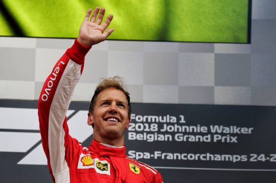 Race winner Sebastian Vettel (GER) Ferrari celebrates on the podium.
26.08.2018. Formula 1 World Championship, Rd 13, Belgian Grand Prix, Spa Francorchamps, Belgium, Race Day.
- www.xpbimages.com, EMail: requests@xpbimages.com - copy of publication required for printed pictures. Every used picture is fee-liable. © Copyright: Photo4 / XPB Images