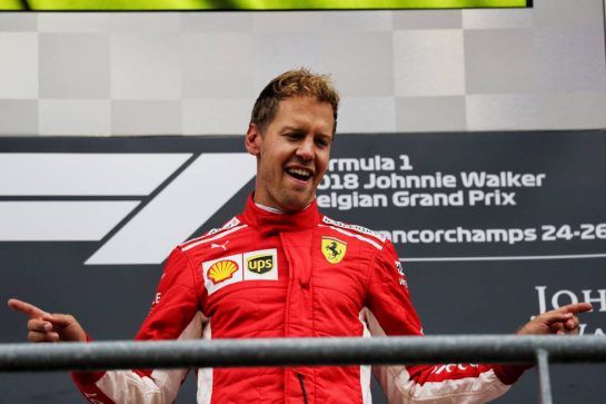 Race winner Sebastian Vettel (GER) Ferrari celebrates on the podium.
26.08.2018. Formula 1 World Championship, Rd 13, Belgian Grand Prix, Spa Francorchamps, Belgium, Race Day.
- www.xpbimages.com, EMail: requests@xpbimages.com - copy of publication required for printed pictures. Every used picture is fee-liable. © Copyright: Photo4 / XPB Images