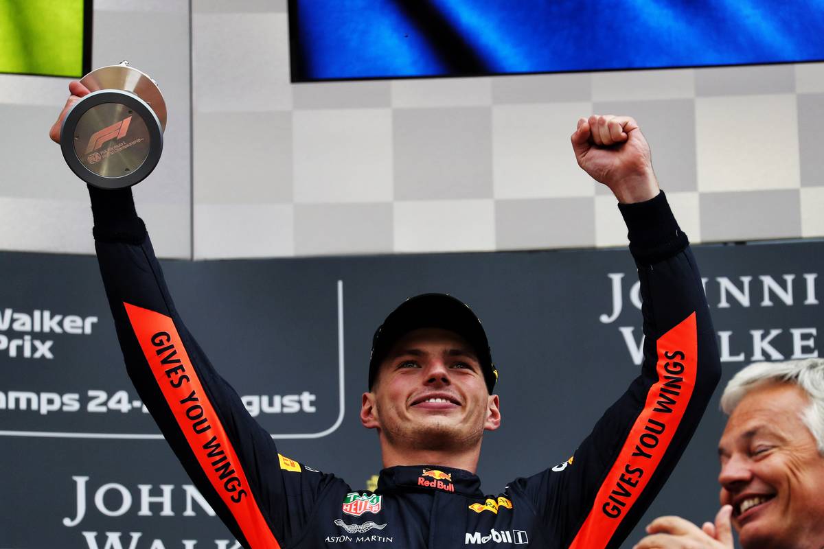 2018 Belgian GP - Max Verstappen (NLD) Red Bull Racing celebrates his third position on the podium.