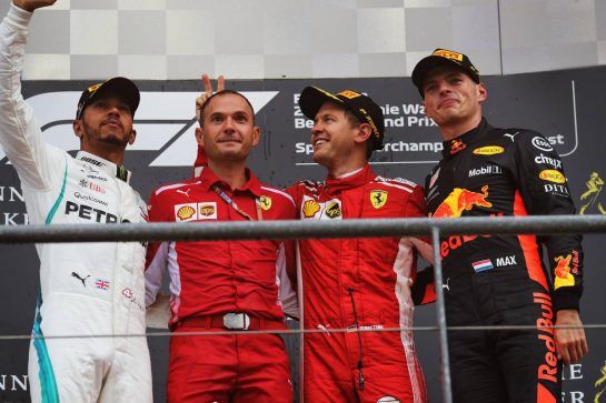The podium (L to R): Lewis Hamilton (GBR) Mercedes AMG F1, second; Sebastian Vettel (GER) Ferrari, race winner; Max Verstappen (NLD) Red Bull Racing, third.
26.08.2018. Formula 1 World Championship, Rd 13, Belgian Grand Prix, Spa Francorchamps, Belgium, Race Day.
- www.xpbimages.com, EMail: requests@xpbimages.com - copy of publication required for printed pictures. Every used picture is fee-liable. © Copyright: Photo4 / XPB Images