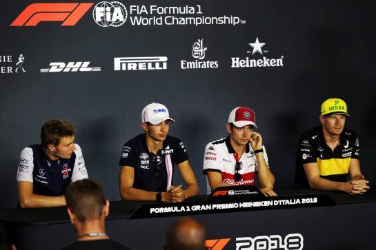 The FIA Press Conference (L to R): Sergey Sirotkin (RUS) Williams; Esteban Ocon (FRA) Racing Point Force India F1 Team; Charles Leclerc (MON) Sauber F1 Team; Nico Hulkenberg (GER) Renault Sport F1 Team.
30.08.2018. Formula 1 World Championship, Rd 14, Italian Grand Prix, Monza, Italy, Preparation Day.
- www.xpbimages.com, EMail: requests@xpbimages.com - copy of publication required for printed pictures. Every used picture is fee-liable. © Copyright: Bearne / XPB Images