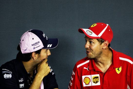 (L to R): Sergio Perez (MEX) Racing Point Force India F1 Team and Sebastian Vettel (GER) Ferrari in the FIA Press Conference.
30.08.2018. Formula 1 World Championship, Rd 14, Italian Grand Prix, Monza, Italy, Preparation Day.
- www.xpbimages.com, EMail: requests@xpbimages.com - copy of publication required for printed pictures. Every used picture is fee-liable. © Copyright: Bearne / XPB Images