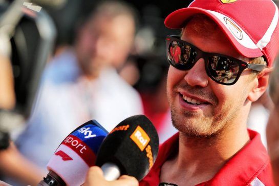 Sebastian Vettel (GER) Ferrari with the media.
30.08.2018. Formula 1 World Championship, Rd 14, Italian Grand Prix, Monza, Italy, Preparation Day.
- www.xpbimages.com, EMail: requests@xpbimages.com - copy of publication required for printed pictures. Every used picture is fee-liable. © Copyright: Moy / XPB Images