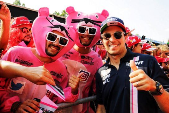 Sergio Perez (MEX) Racing Point Force India F1 Team with Pink Panthers fans.
30.08.2018. Formula 1 World Championship, Rd 14, Italian Grand Prix, Monza, Italy, Preparation Day.
- www.xpbimages.com, EMail: requests@xpbimages.com - copy of publication required for printed pictures. Every used picture is fee-liable. © Copyright: Moy / XPB Images