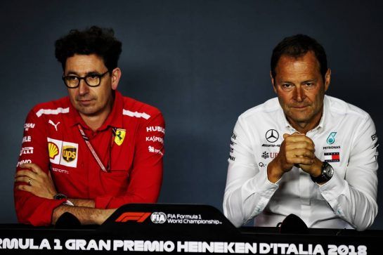 (L to R): Mattia Binotto (ITA) Ferrari Chief Technical Officer and Aldo Costa (ITA) Mercedes AMG F1 Engineering Director in the FIA Press Conference.
31.08.2018. Formula 1 World Championship, Rd 14, Italian Grand Prix, Monza, Italy, Practice Day.
- www.xpbimages.com, EMail: requests@xpbimages.com - copy of publication required for printed pictures. Every used picture is fee-liable. © Copyright: Batchelor / XPB Images