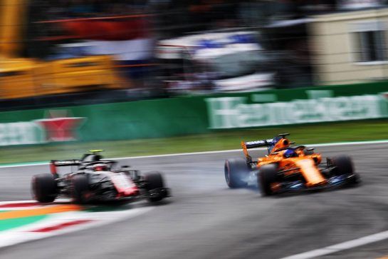 (L to R): Kevin Magnussen (DEN) Haas VF-18 and Fernando Alonso (ESP) McLaren MCL33.
01.09.2018. Formula 1 World Championship, Rd 14, Italian Grand Prix, Monza, Italy, Qualifying Day.
- www.xpbimages.com, EMail: requests@xpbimages.com - copy of publication required for printed pictures. Every used picture is fee-liable. © Copyright: Moy / XPB Images