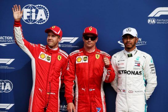 Qualifying top three in parc ferme (L to R): Sebastian Vettel (GER) Ferrari, second; Kimi Raikkonen (FIN) Ferrari, pole position; Lewis Hamilton (GBR) Mercedes AMG F1, third.
01.09.2018. Formula 1 World Championship, Rd 14, Italian Grand Prix, Monza, Italy, Qualifying Day.
- www.xpbimages.com, EMail: requests@xpbimages.com - copy of publication required for printed pictures. Every used picture is fee-liable. © Copyright: Batchelor / XPB Images