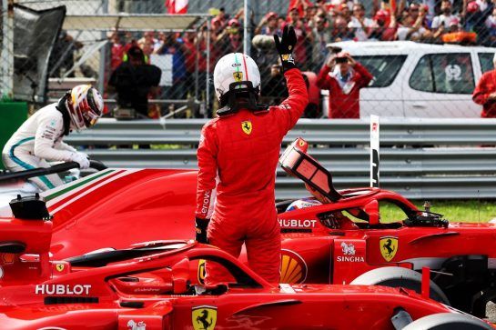 Sebastian Vettel (GER) Ferrari waves to the tifosi in qualifying parc ferme.
01.09.2018. Formula 1 World Championship, Rd 14, Italian Grand Prix, Monza, Italy, Qualifying Day.
- www.xpbimages.com, EMail: requests@xpbimages.com - copy of publication required for printed pictures. Every used picture is fee-liable. © Copyright: Batchelor / XPB Images
