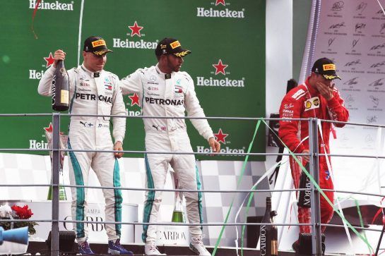 The podium (L to R): third placed Valtteri Bottas (FIN) Mercedes AMG F1 with race winner and team mate Lewis Hamilton (GBR) Mercedes AMG F1, and second placed Kimi Raikkonen (FIN) Ferrari.
02.09.2018. Formula 1 World Championship, Rd 14, Italian Grand Prix, Monza, Italy, Race Day.
- www.xpbimages.com, EMail: requests@xpbimages.com - copy of publication required for printed pictures. Every used picture is fee-liable. © Copyright: Batchelor / XPB Images