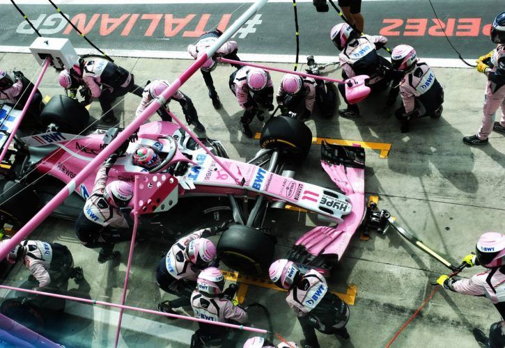 Sergio Perez (MEX) Racing Point Force India F1 VJM11 makes a pit stop.