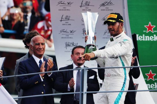 Race winner Lewis Hamilton (GBR) Mercedes AMG F1 celebrates on the podium.
02.09.2018. Formula 1 World Championship, Rd 14, Italian Grand Prix, Monza, Italy, Race Day.
- www.xpbimages.com, EMail: requests@xpbimages.com - copy of publication required for printed pictures. Every used picture is fee-liable. © Copyright: Moy / XPB Images