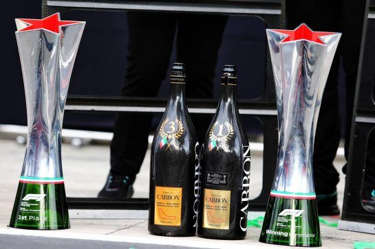 Carbon champagne and winning trophies for Mercedes AMG F1.
02.09.2018. Formula 1 World Championship, Rd 14, Italian Grand Prix, Monza, Italy, Race Day.
- www.xpbimages.com, EMail: requests@xpbimages.com - copy of publication required for printed pictures. Every used picture is fee-liable. © Copyright: Moy / XPB Images
