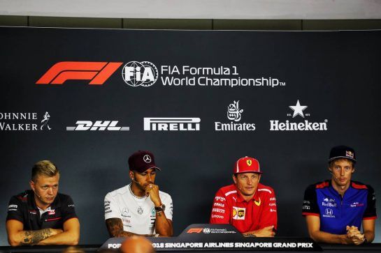 The FIA Press Conference (L to R): Kevin Magnussen (DEN) Haas F1 Team; Lewis Hamilton (GBR) Mercedes AMG F1; Kimi Raikkonen (FIN) Ferrari; Brendon Hartley (NZL) Scuderia Toro Rosso.
13.09.2018. Formula 1 World Championship, Rd 15, Singapore Grand Prix, Marina Bay Street Circuit, Singapore, Preparation Day.
- www.xpbimages.com, EMail: requests@xpbimages.com - copy of publication required for printed pictures. Every used picture is fee-liable. © Copyright: Photo4 / XPB Images