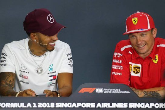 Lewis Hamilton (GBR) Mercedes AMG F1  and Kimi Raikkonen (FIN) Scuderia Ferrari 
13.09.2018. Formula 1 World Championship, Rd 15, Singapore Grand Prix, Marina Bay Street Circuit, Singapore, Preparation Day.
- www.xpbimages.com, EMail: requests@xpbimages.com - copy of publication required for printed pictures. Every used picture is fee-liable. © Copyright: Charniaux / XPB Images