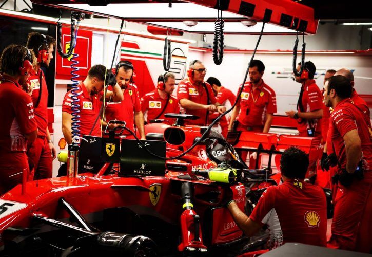 The Ferrari SF71H of Sebastian Vettel (GER) Ferrari in the pits with a mechanical issue