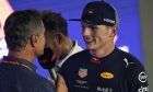 David Coulthard (GBR) Red Bull Racing and Scuderia Toro Advisor / Channel 4 F1 Commentator with second placed Max Verstappen (NLD) Red Bull Racing in parc ferme.