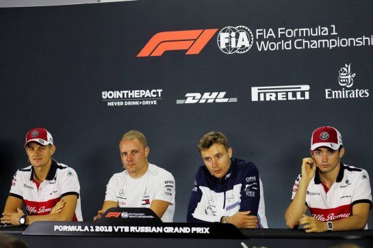 The FIA Press Conference (L to R): Marcus Ericsson (SWE) Sauber F1 Team; Valtteri Bottas (FIN) Mercedes AMG F1; Sergey Sirotkin (RUS) Williams; Charles Leclerc (MON) Sauber F1 Team.
27.09.2018. Formula 1 World Championship, Rd 16, Russian Grand Prix, Sochi Autodrom, Sochi, Russia, Preparation Day.
- www.xpbimages.com, EMail: requests@xpbimages.com - copy of publication required for printed pictures. Every used picture is fee-liable. © Copyright: Photo4 / XPB Images