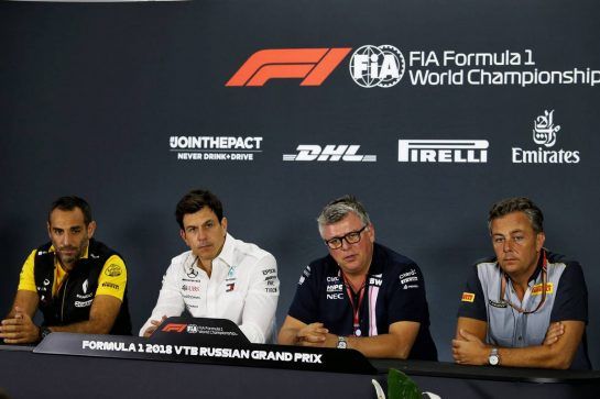 The FIA Press Conference (L to R): Cyril Abiteboul (FRA) Renault Sport F1 Managing Director; Toto Wolff (GER) Mercedes AMG F1 Shareholder and Executive Director; Otmar Szafnauer (USA) Racing Point Force India F1 Team Principal and CEO; Mario Isola (ITA) Pirelli Racing Manager.
28.09.2018. Formula 1 World Championship, Rd 16, Russian Grand Prix, Sochi Autodrom, Sochi, Russia, Practice Day.
- www.xpbimages.com, EMail: requests@xpbimages.com - copy of publication required for printed pictures. Every used picture is fee-liable. © Copyright: Moy / XPB Images