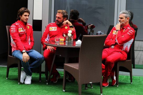 (L to R): Antonio Giovinazzi (ITA) Ferrari Development Driver with Gino Rosato (CDN) Ferrari and Maurizio Arrivabene (ITA) Ferrari Team Principal.
29.09.2018. Formula 1 World Championship, Rd 16, Russian Grand Prix, Sochi Autodrom, Sochi, Russia, Qualifying Day.
- www.xpbimages.com, EMail: requests@xpbimages.com - copy of publication required for printed pictures. Every used picture is fee-liable. © Copyright: Moy / XPB Images