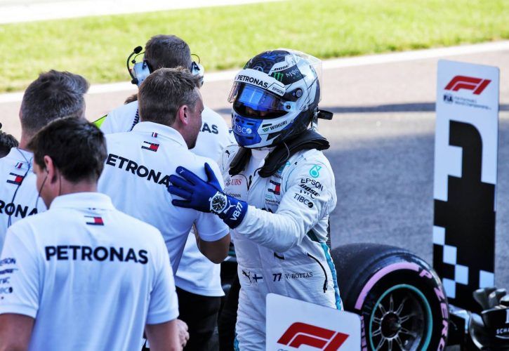 Russian Grand Prix: Valtteri Bottas (FIN) Mercedes AMG F1 celebrates his pole position in parc ferme.