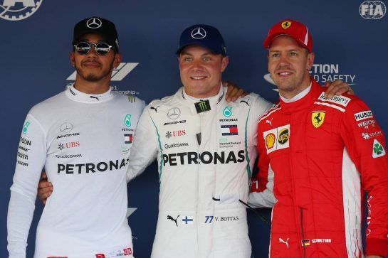 Pole for Valtteri Bottas (FIN) Mercedes AMG F1, 2nd for Lewis Hamilton (GBR) Mercedes AMG F1 W09 and 3rd for Sebastian Vettel (GER) Ferrari SF71H.29.09.2018. Formula 1 World Championship, Rd 16, Russian Grand Prix, Sochi Autodrom, Sochi, Russia, Qualifying Day.- www.xpbimages.com, EMail: requests@xpbimages.com - copy of publication required for printed pictures. Every used picture is fee-liable. © Copyright: Batchelor / XPB Images