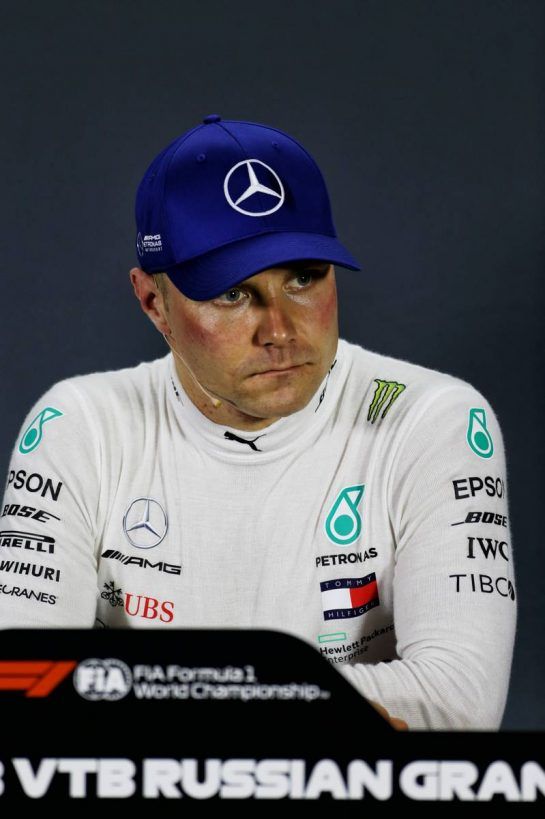 Valtteri Bottas (FIN) Mercedes AMG F1 in the post qualifying FIA Press Conference.
29.09.2018. Formula 1 World Championship, Rd 16, Russian Grand Prix, Sochi Autodrom, Sochi, Russia, Qualifying Day.
- www.xpbimages.com, EMail: requests@xpbimages.com - copy of publication required for printed pictures. Every used picture is fee-liable. © Copyright: Moy / XPB Images