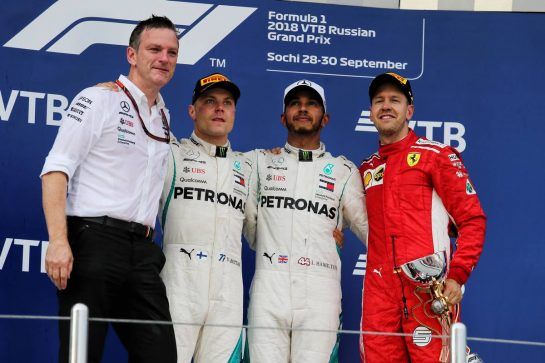 The podium (L to R): James Allison (GBR) Mercedes AMG F1 Technical Director; Valtteri Bottas (FIN) Mercedes AMG F1, second; Lewis Hamilton (GBR) Mercedes AMG F1, race winner; Sebastian Vettel (GER) Ferrari, third.
30.09.2018. Formula 1 World Championship, Rd 16, Russian Grand Prix, Sochi Autodrom, Sochi, Russia, Race Day.
- www.xpbimages.com, EMail: requests@xpbimages.com - copy of publication required for printed pictures. Every used picture is fee-liable. © Copyright: Moy / XPB Images