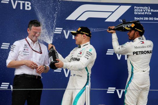 (L to R): James Allison (GBR) Mercedes AMG F1 Technical Director on the podium with second placed Valtteri Bottas (FIN) Mercedes AMG F1 and race winner Lewis Hamilton (GBR) Mercedes AMG F1.
30.09.2018. Formula 1 World Championship, Rd 16, Russian Grand Prix, Sochi Autodrom, Sochi, Russia, Race Day.
- www.xpbimages.com, EMail: requests@xpbimages.com - copy of publication required for printed pictures. Every used picture is fee-liable. © Copyright: Moy / XPB Images